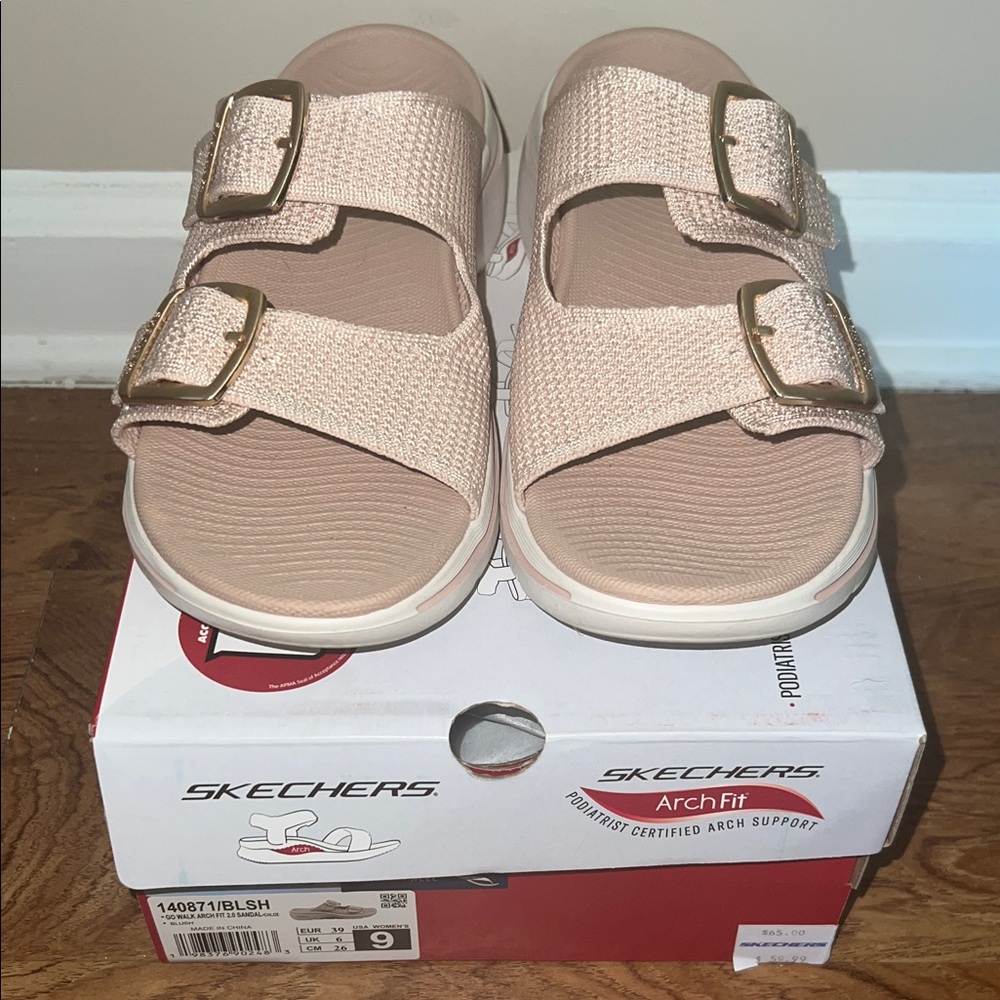 Skechers Women’s Arch Fit Sandals - Blus with Gold Buckles